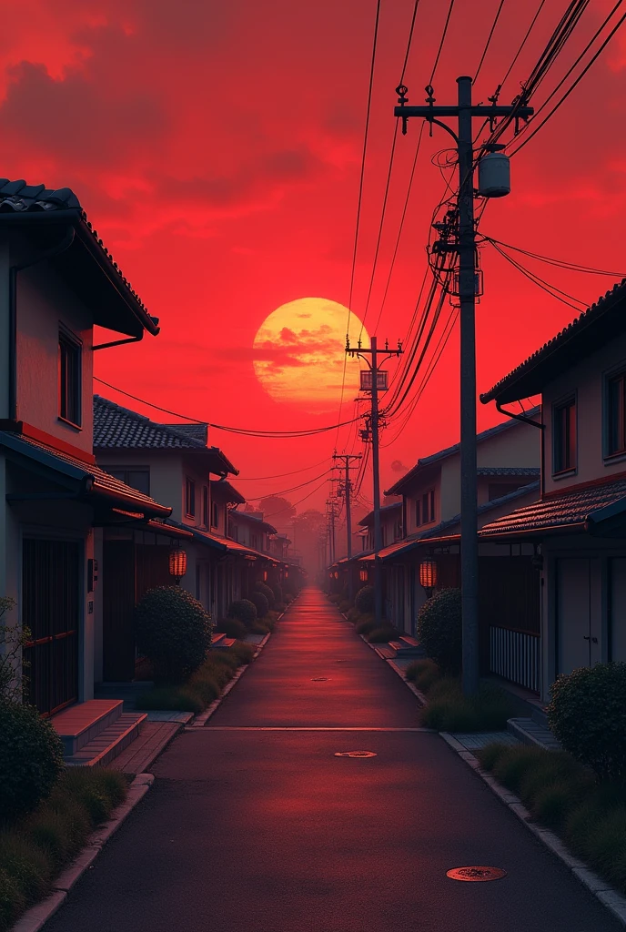 Residential area in Showa era Japan The red sky at dusk A world with no one A row of Showa-era houses