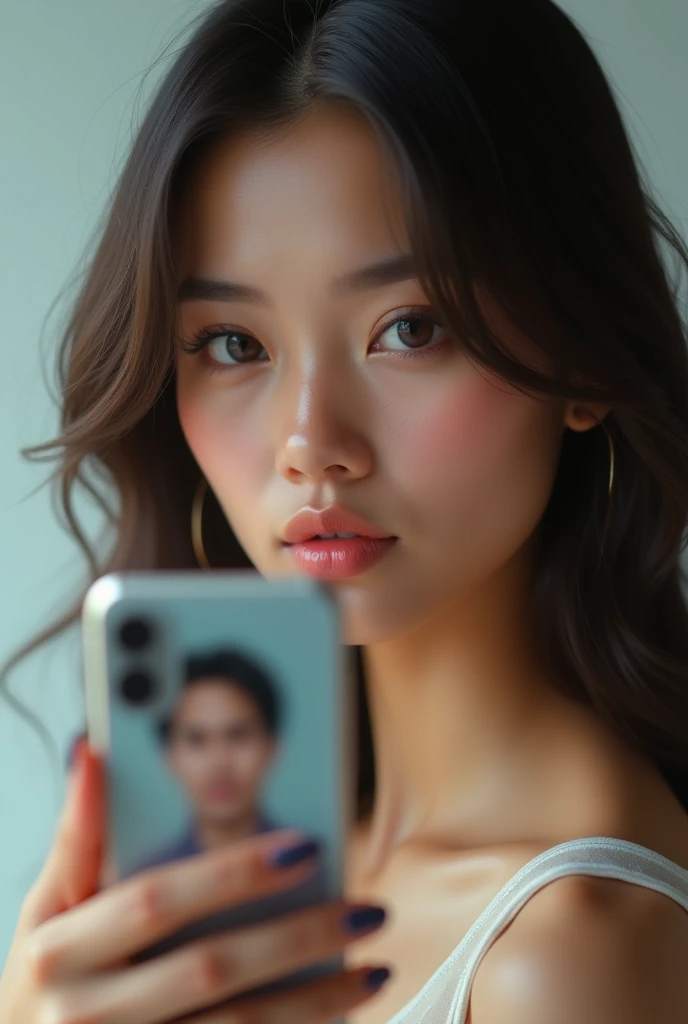 make a hyperrealistic picture of a beautiful Indonesian woman holding an Apple brand cellphone. Inside the cellphone there is a man's profile that is blurred. Next to the profile is written "Maaf paket data anda tidak mencukupi untuk melihat profil saya " The photo image display is very detailed, clear and smooth