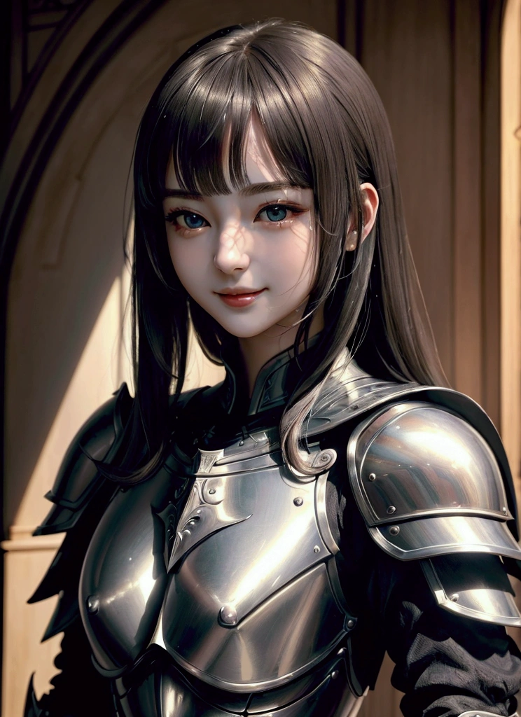 8K, (masterpiece, Highest quality, 非常にdetailedな, Best Shadow), (detailedな背景), (Beautifully detailed face), High Contrast, (Best lighting, Very delicate and beautiful), ((Cinematic Light)), colorful, Hyper Detail, Dramatic Light, 複雑なdetailed, ((Highest quality)), ((masterpiece)), (detailed), Super beautiful、Subtle details、Fine and beautiful skin、Full body from the front、One beautiful girl、Handsome、Cool eyes、Shyness、Smile、She has her bangs down、Young woman in knight's armour