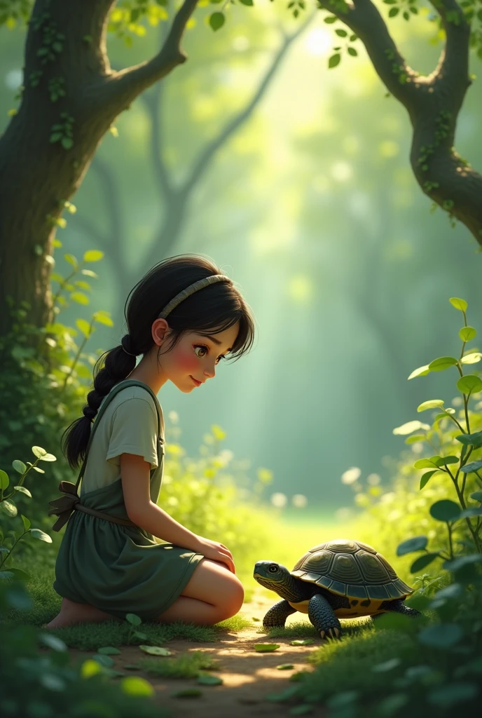One day, while wandering in the forest, Riya saw a small turtle. The turtle was moving very slowly, but its eyes had a kind of charm. Riya went up to the turtle and asked, "Why do you move so slowly?" The turtle smiled gently and replied, "I may move slowly, but I enjoy everything slowly and steadily."