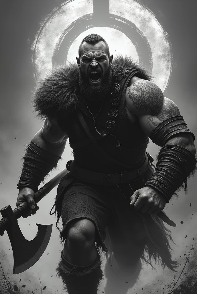 Tattoo sleve Viking with axe screaming and coming towards you up to the hip. Viking sign in the background black white 