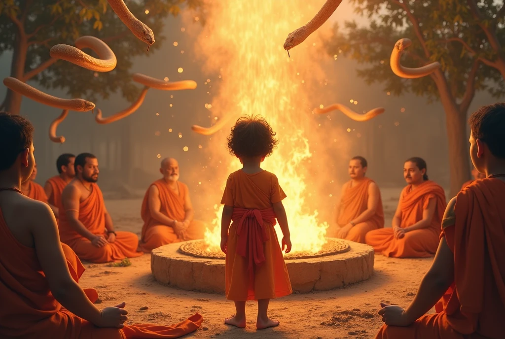 There is a child who is wearing colorful saffron colored clothes and is beautiful in appearance. He has a red scarf tied around his waist. The child is standing in front of a Havan Kund and fire is burning in that Havan Kund and from the sky there is light coming from that Havan Kund. The snakes are coming down and the yogi saints are sitting around that havan kund.