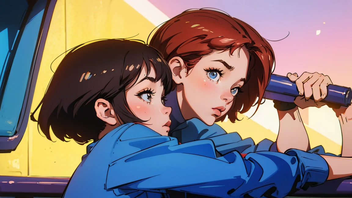 highest quality, masterpiece), 1 Girl, 1980s \(style\)Staring at the viewer with teary eyes,profile,\(style\)Upper Body,Horizontal position,pin up , \(style\)Short Hair,\(style\), citypop, lofi,\(style\),1980s fashion,,casual,1980s fashion, citypop,retro,\(style\)sunset