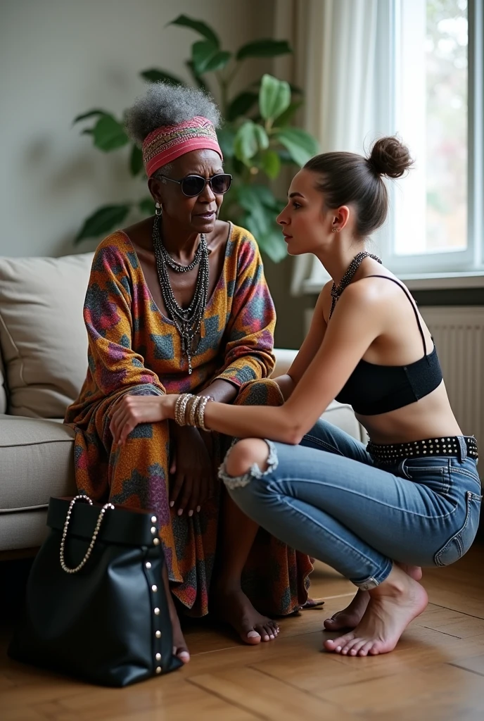 Two women. African old wrinkled milf woman sitting on a sofa with separated legs, afro hairdo, serious face, wearing traditional colourful african clothes, barefoot, hands tightly on shoulders of a caucasian milf woman at her feet (light grey hair, light green eyes, pale face, pale neck, pale chest, pale arms, pale hands, pale stomach, pale legs and feet) in chic rock fashion: pompadour hairstyle with top bun and shaved sides, colourful bandana as headboard, a lot of metallic necklaces and pendants, a lot of wide metallic bracelets, black lace push up bra, low rise skinny dark blue jeans with patched holes and worn knees, wide studded leather belt, squatting with arms on knees, passive facial expression with open mouth, big square sunglasses, thin neck, thin arms, thin legs, well toned abdominals. In an apartment decorated in Scandinavian style. A black leather studded tote bag on the floor. Natural light