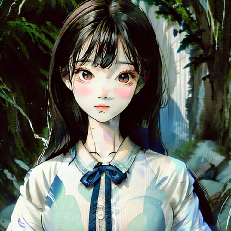 scary photos,Gothic horror masterpiece,There is ethereal transparency and high behind spirit,Someone has a face,Beautiful female doll,behind,feeling of horror,Uncanny Valley,There is a spirit behind it,Gorgeous clothes,There is a drop shoulder,There is leakage on the chest