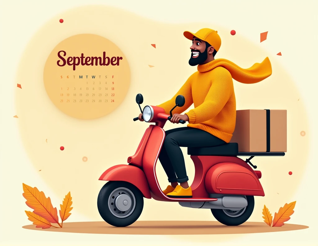 Nous somme une agence de livraison. créer une affiche pour souhaiter un bon mois de Septembre à nos abonnés sur les réseaux sociaux. on doit voir sur l'affiche, un livreur africain habillé en tricot jaune orangé et pantalon noir sur une moto de livraison