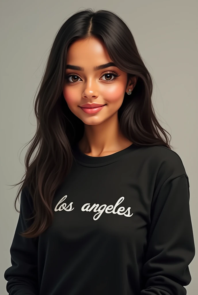 She has an oval -round - shaped- face with smooth contours, a gentle jawline, and a natural roundness in her cheeks, which gives her a youthful and soft appearance. Her skin is light with a warm tone, appearing smooth, even, and well-maintained without any visible blemishes or marks. Her forehead is of average height, transitioning seamlessly into her hairline, which is parted in the center. Her hair is dark, either deep brown or black, and is straight with a silky texture. It falls neatly past her shoulders, framing her face on both sides with a sleek and polished look.
Her eyebrows are dark, full, and slightly arched, providing subtle definition and balance to her facial features. They are symmetrical and well-groomed, aligning naturally with the shape of her face. Below her brows, she has large, almond-shaped eyes with a deep brown color. Her eyes are evenly spaced and set slightly deeper, giving them a serene, calm expression. They have a neutral gaze, with natural creases on the eyelids and medium-length lashes that softly frame her eyes.
Her nose is straight and well-proportioned, sitting perfectly in the center of her face. It has a smooth bridge with a gentle narrowing towards the tip, neither too prominent nor too subtle, fitting harmoniously with the rest of her features. Her lips are medium in fullness, with a natural pink hue. The upper lip has a gentle curve without a pronounced cupid’s bow, while the lower lip is slightly fuller, giving her mouth a balanced, relaxed appearance. Her expression is neutral and composed, exuding a quiet confidence and understated elegance. She wears a black sweatshirt with "LOS ANGELES" printed in bold white letters, adding to her casual, everyday appearance, complementing her overall serene and approachable demeanor.
She looks indian and has indian feacture she's a real girl not animated
