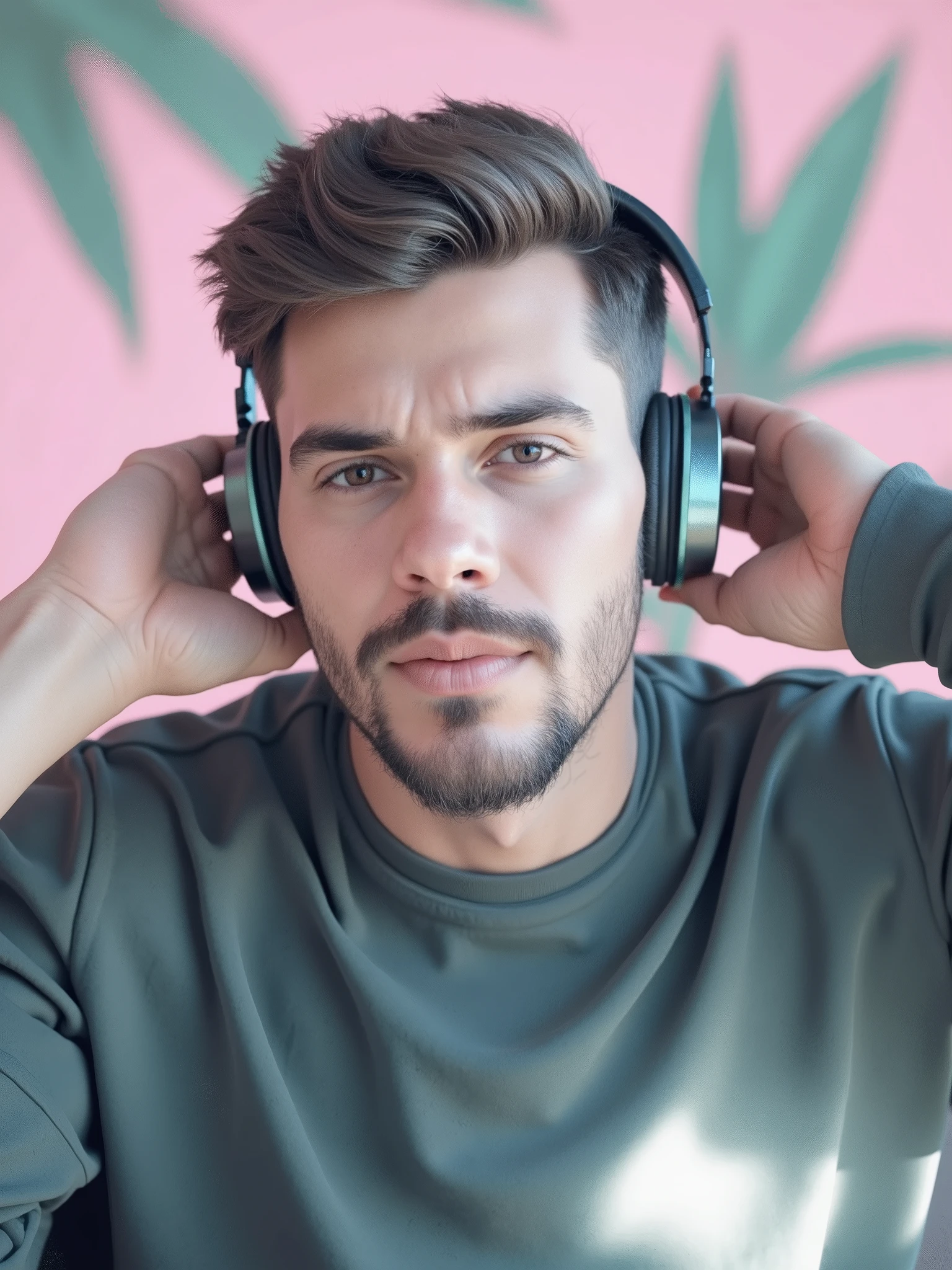 Change background cyberpunk handsome boy, realistic face, 8k, ultra realistic wearing headphones, with a modern and creative style. The boy has short, neatly styled hair, a little chubby face with beard, and is wearing a casual t-shirt. The background is a dark gradient with a subtle green hue, matching the aesthetic of a video editor. The image is vibrant, with bright colors that pop against the dark background, highlighting the headphones and the boy's focused expression."