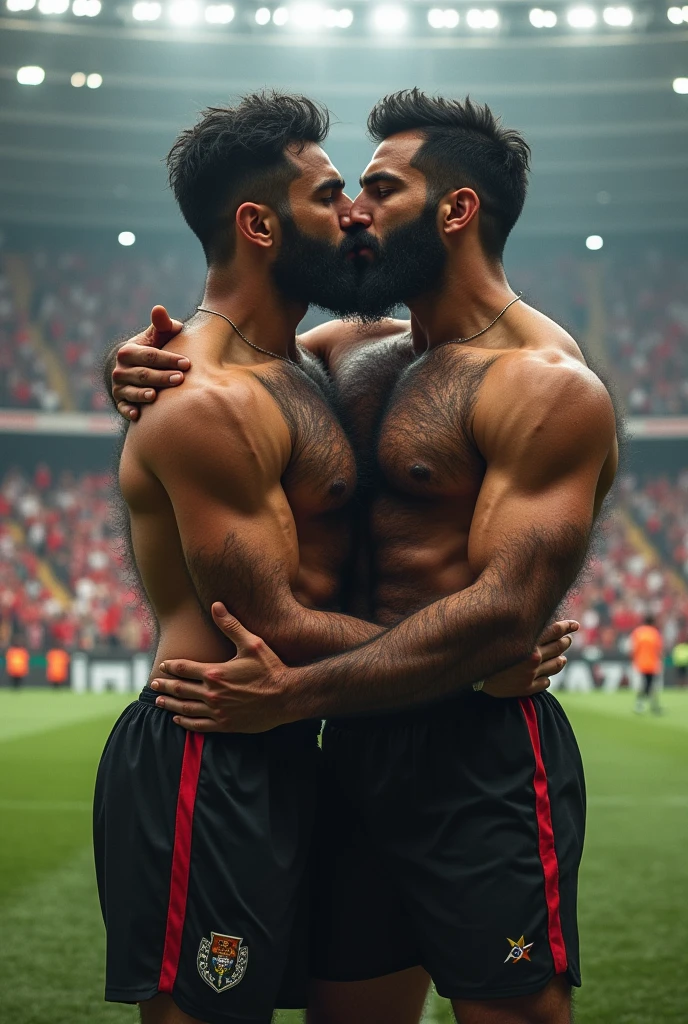 Two strong hairy Iranian football players very hairy chest hair bearded, wearing no shirt, black shorts and red socks and black cleats, hugging, kiss on the cheek arabic kiss, big football stadium full of people.