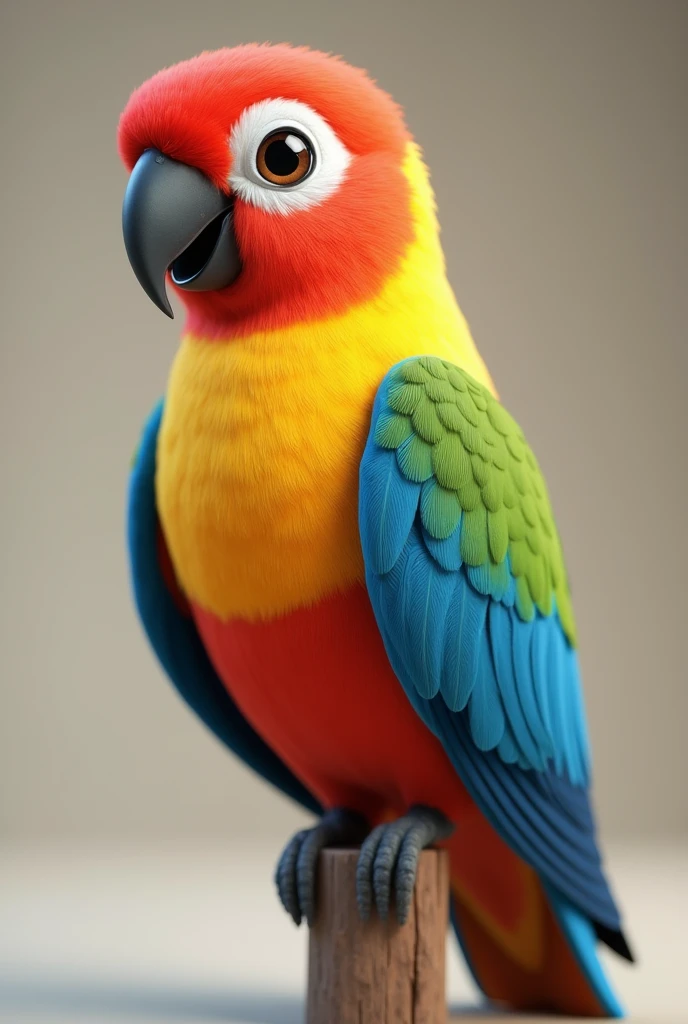 3d animation, of a bird with a red head with a white cheek spot, yellow chest and blue wings, of the rosella species Parakeet-omnicolor platycercus eximius, with a neutral background in the image