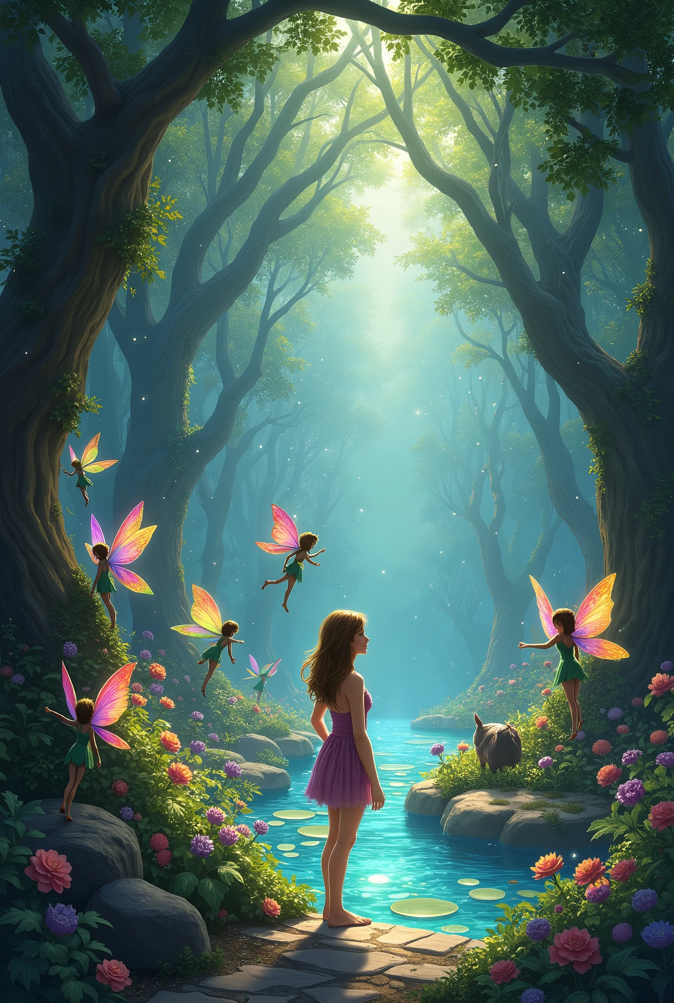 Magical Grove with Fairies:**
   - Amara emerging from the spiral staircase into a magical grove. The grove is filled with tiny, floating lights, resembling fireflies, and the air sparkles with a soft, otherworldly glow. In the center is a crystal-clear pond surrounded by vibrant flowers. Fairies with shimmering, rainbow-colored wings and gentle woodland animals are gathered around, welcoming Amara with cheerful smiles.