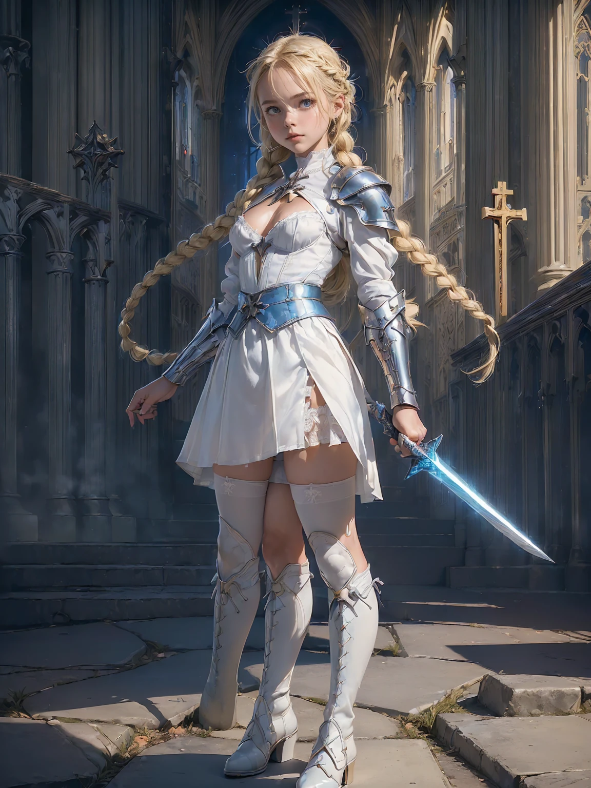 (((fantasy, cathedral:1.4))), (((midnight:1.4))), masterpiece, best quality, ultra-detailed, high resolution, extremely detailed cg, 8k, beautiful detailed eyes, depth of field, perfect anatomy, super detailed skin, cinematic lighting, dynamic lighting, anime picture, shiny hair and skin, detailed outfit, 【break】, ((cowboy shot, looking down , standing, zettai ryouiki,((A ung girl swordsman, holding a 1sword in one hand, stylish poes:1.3)), (((a 1girl is , child, little young girl age8, soro:1.6))), 【break】, ((afterglow)), (((blonde hair, Braided hair:1.3))), (beautiful detailed blue eyes), white-skinned, (((child short stature, child body shape, young face, cute face, small breasts, slim:1.4))), , wizard, ((Pure white silk, white blouse:1.3)), ((blue mini skirtt, blue mantle:1.4)), ((White knee-high stockings:1.2)), ((white short boots)), (( cleavage cutout, Breastplate of silver metal, light armor of silver metal:1.2)),