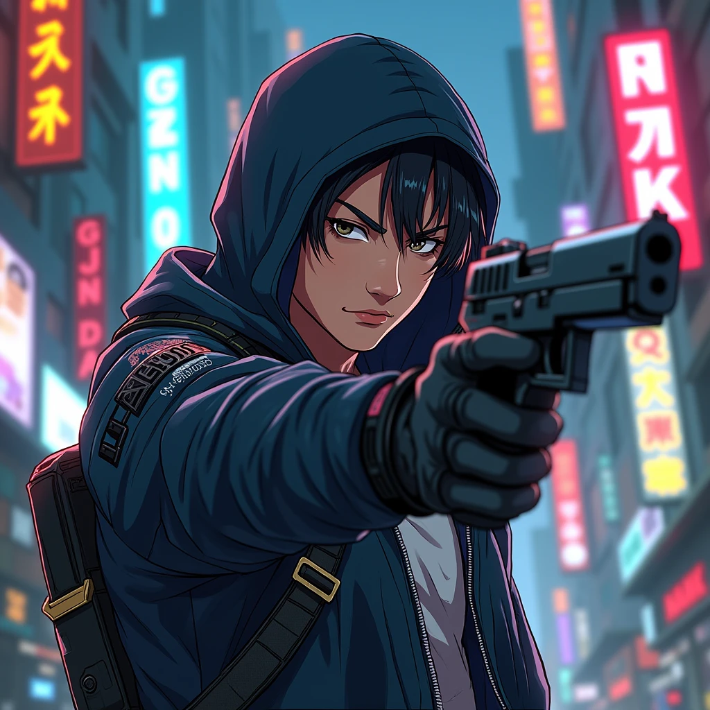 Create a character ninja armor anime, {background: capital text: “GLBK” in right-top, night city}, tanned skin,
realistic, HDR, handsome, japan style, full body, use piastol, age 20, hoodie HD text: “Nando”, male