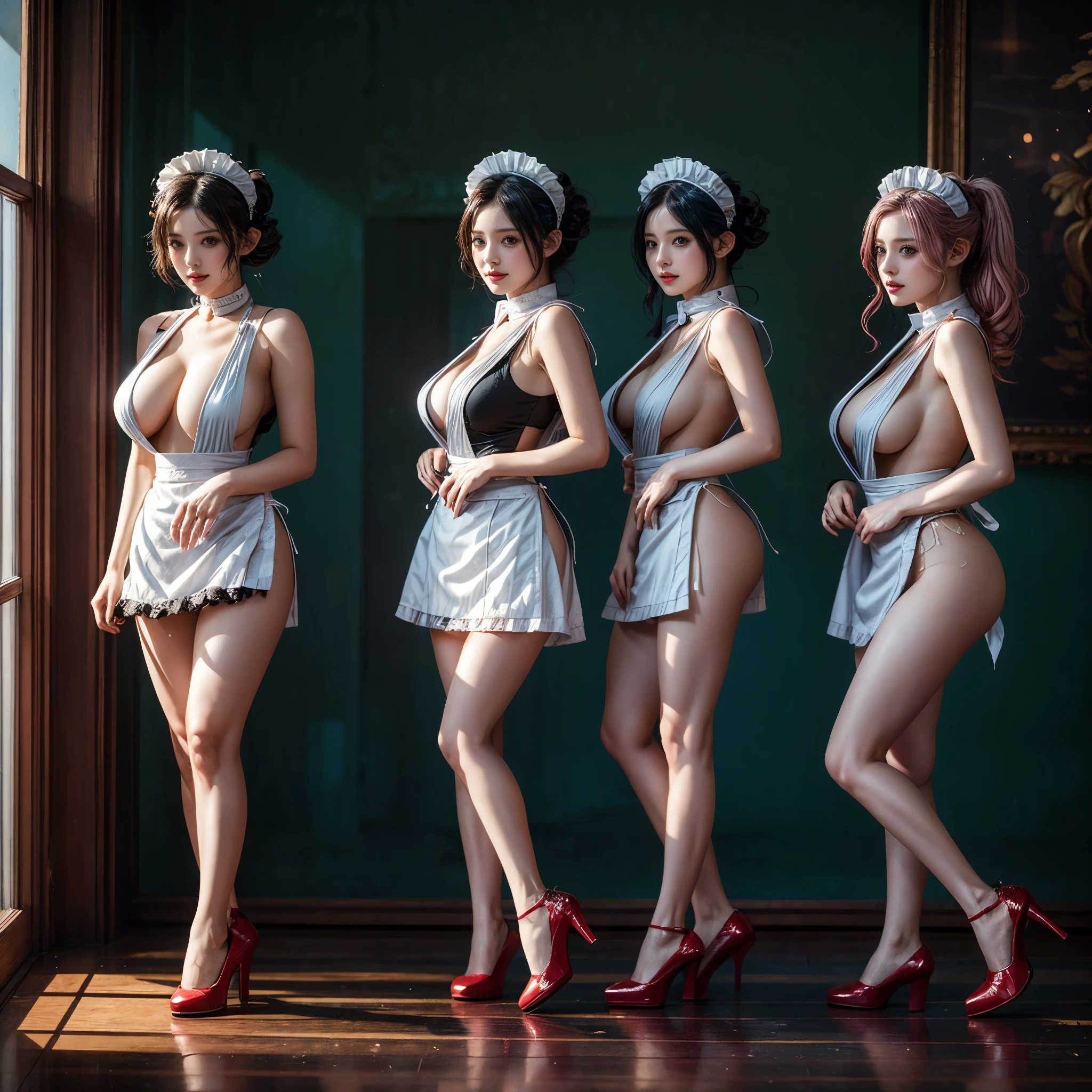 (Full Body of Extremely Detailed((Sexy Maid Group in a row:1.37))), KAWAII perfect face with Reflective Eyes, Detailed(Delicate Clothing textures), Correct Graceful Legs, Dynamic Joyful Expressions LifeLike Rendering, Specular Reflection, TopQuality 8K Ultra-detailed masterpiece (ProfessionalPhoto:1.37), (Acutance:0.8), (Luminism:1.28), Renaissance art style, Colorful Light particles, (Full body from side) {MicroMini Skirt|Kissing Face to Face|Thigh Gap|Cute Peach AssFocus|(NakedApron with (Overflowing Sideboob))}, Radiant Fine Skin with Transparency, {Pink Hair|LightBlue Hair|Blonde|Pure White Hair|Liquid Hair|Red Shoes}, Perfect Lighting