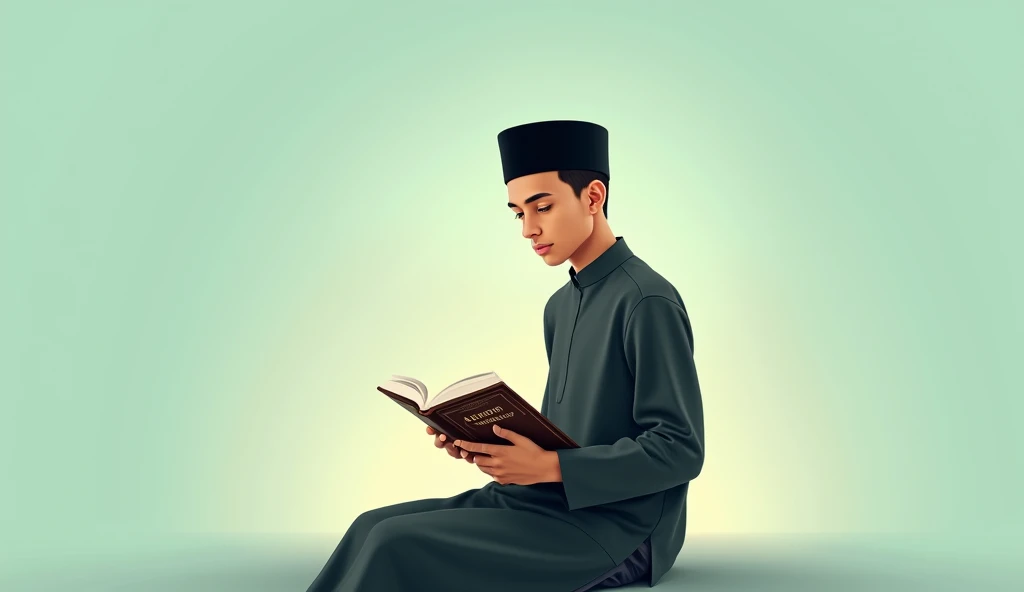 (photorealism:1.2), Simple yet attractive thumbnail design, with a soft colored background such as light blue or green which implies calmness. On the left side, place an illustration or icon of a young man wearing a traditional Indonesian black cap with a sarong , low, currently reading the book Arbain Nawawi