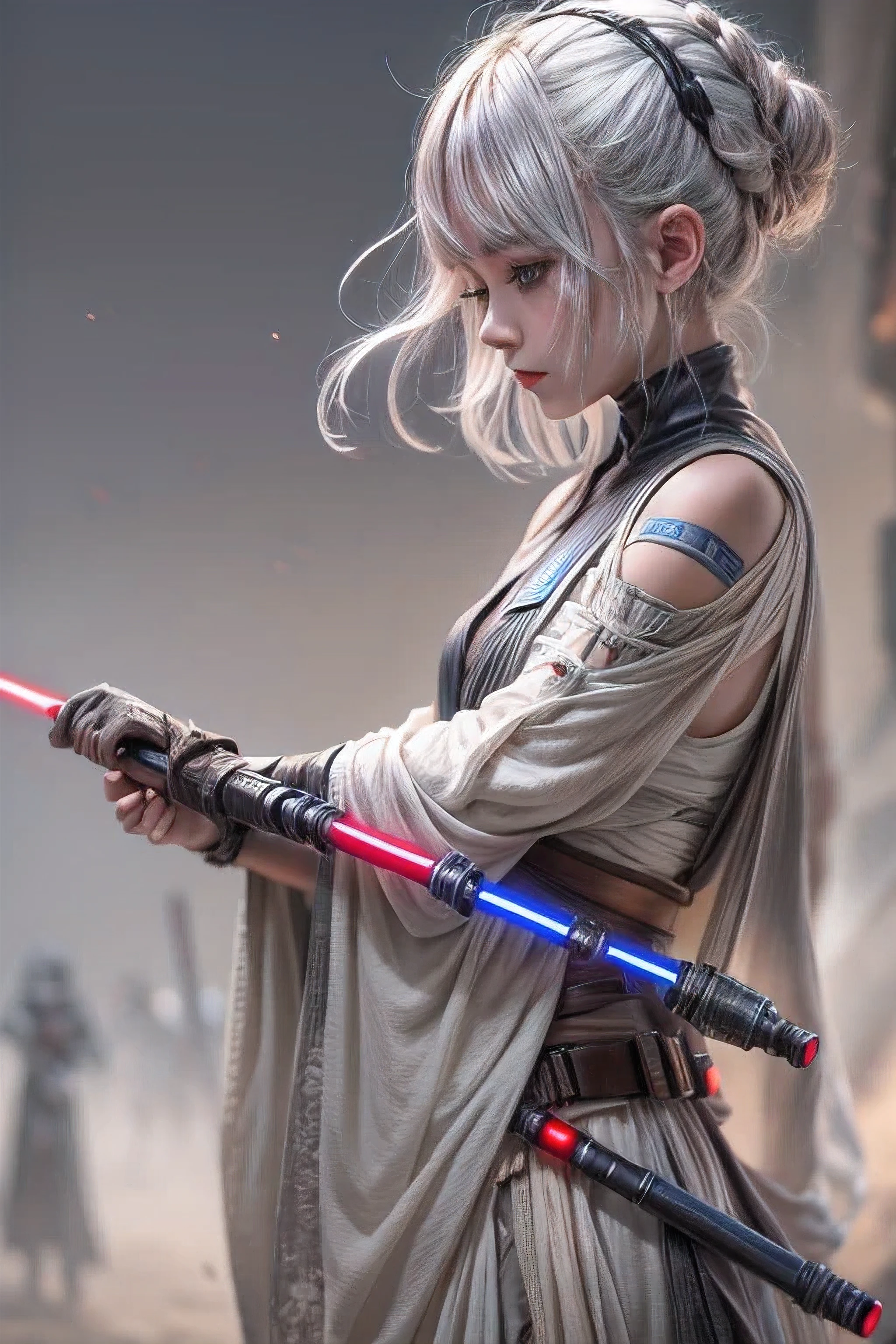 Star Wars、8k.Half Russian and half Japanese、Russian face、beautiful girl、princess、、Small face、Young face、Big eyes、Skinny、Small breasts、（（（Silver Hair、Silver Hair）））、With bangs、（（（High resolutionの大きな美しいライトブルーの目, ）））、Shortcuts、Bobcut、、sf,Fantasy、Fight, Jedi vs Sith, Lightsabers, Battle at Tatouine, High resolution, Yoda, detailed, R2d2,
