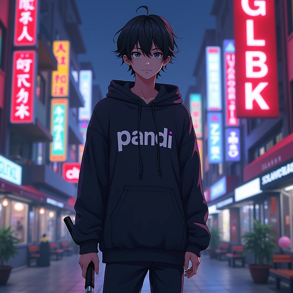 Create a character anime, {background: capital text: “GLBK” in right-top, night city}, tanned skin,
realistic, HDR, handsome, japan style, full body, use deagger, age 20, hoodie HD text: “Pandi”, male, comma hair