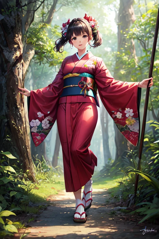 ((best quality)), ((masterpiece)), (detailed), 1girl,cute girl, kimono full body ,in the forest