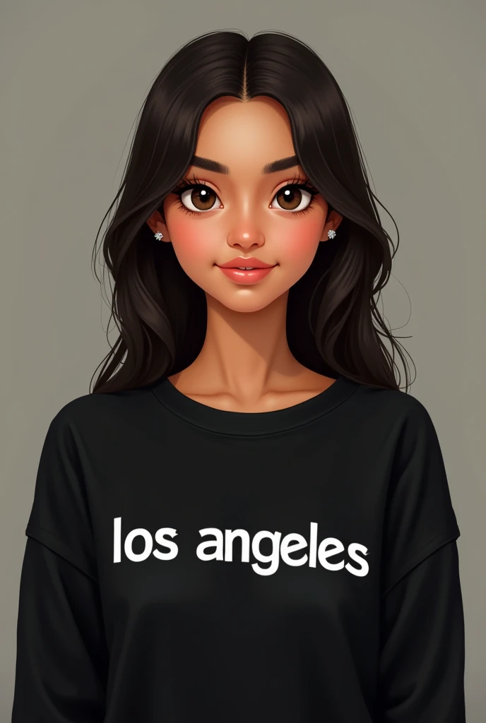 She has an oval -round - shaped- face with smooth contours, a gentle jawline, and a natural roundness in her cheeks, which gives her a youthful and soft appearance. Her skin is light with a warm tone, appearing smooth, even, and well-maintained without any visible blemishes or marks. Her forehead is of average height, transitioning seamlessly into her hairline, which is parted in the center. Her hair is dark, either deep brown or black, and is straight with a silky texture. It falls neatly past her shoulders, framing her face on both sides with a sleek and polished look.
Her eyebrows are dark, full, and slightly arched, providing subtle definition and balance to her facial features. They are symmetrical and well-groomed, aligning naturally with the shape of her face. Below her brows, she has large, almond-shaped eyes with a deep brown color. Her eyes are evenly spaced and set slightly deeper, giving them a serene, calm expression. They have a neutral gaze, with natural creases on the eyelids and medium-length lashes that softly frame her eyes.
Her nose is straight and well-proportioned, sitting perfectly in the center of her face. It has a smooth bridge with a gentle narrowing towards the tip, neither too prominent nor too subtle, fitting harmoniously with the rest of her features. Her lips are medium in fullness, with a natural pink hue. The upper lip has a gentle curve without a pronounced cupid’s bow, while the lower lip is slightly fuller, giving her mouth a balanced, relaxed appearance. Her expression is neutral and composed, exuding a quiet confidence and understated elegance. She wears a black sweatshirt with "LOS ANGELES" printed in bold white letters, adding to her casual, everyday appearance, complementing her overall serene and approachable demeanor.
She looks indian and has indian feacture she's a real girl not animated