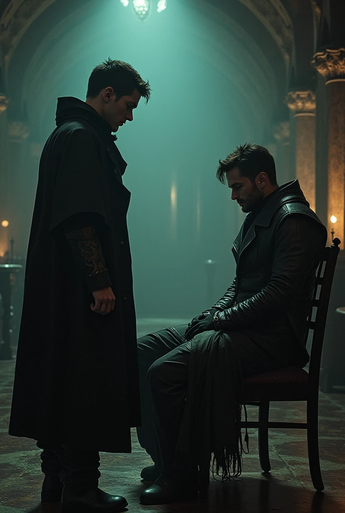 Two figures, one man, a young doctor skilled in witchcraft and herbs, the other a skilled assassin, standing together. The first one sits on a chair, the second one lies down.