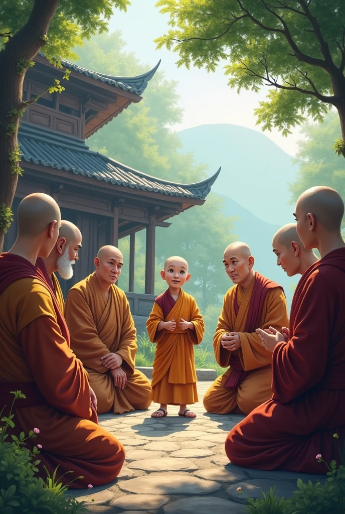 A large, peaceful Buddhist monastery in a village. The focus is on a young, talkative disciple speaking to a group of monks, gesturing animatedly while the others listen calmly.