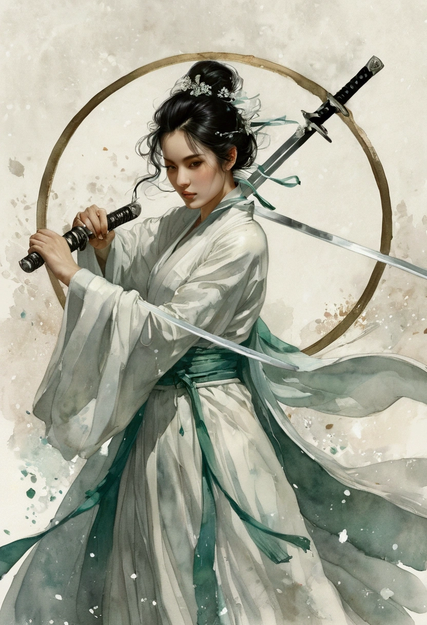 in style of ashley wood,in style of Giovanni Costa logo,line art,{minimalist style:1.5},katana ,ring composition,{the focus of the composition is on the outside of the ring:1.4},{in the middle of the ring is a large area of white space:1.4},four seasons in spring, summer, autumn and winter,night，xianxia，yaoye，female swordmatomical correct