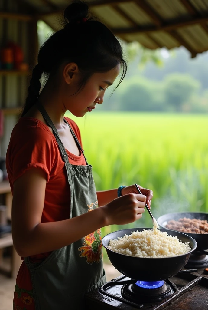 An Indonesian girl. smooth white skin, well-groomed face, cooking rice on the stove,pakai kayu bakar perlatan dapur tradisional jawa,seen inside the messy kitchen,samping dapur ada kandang ayam, baby, green rice field background, Realistic original photo
