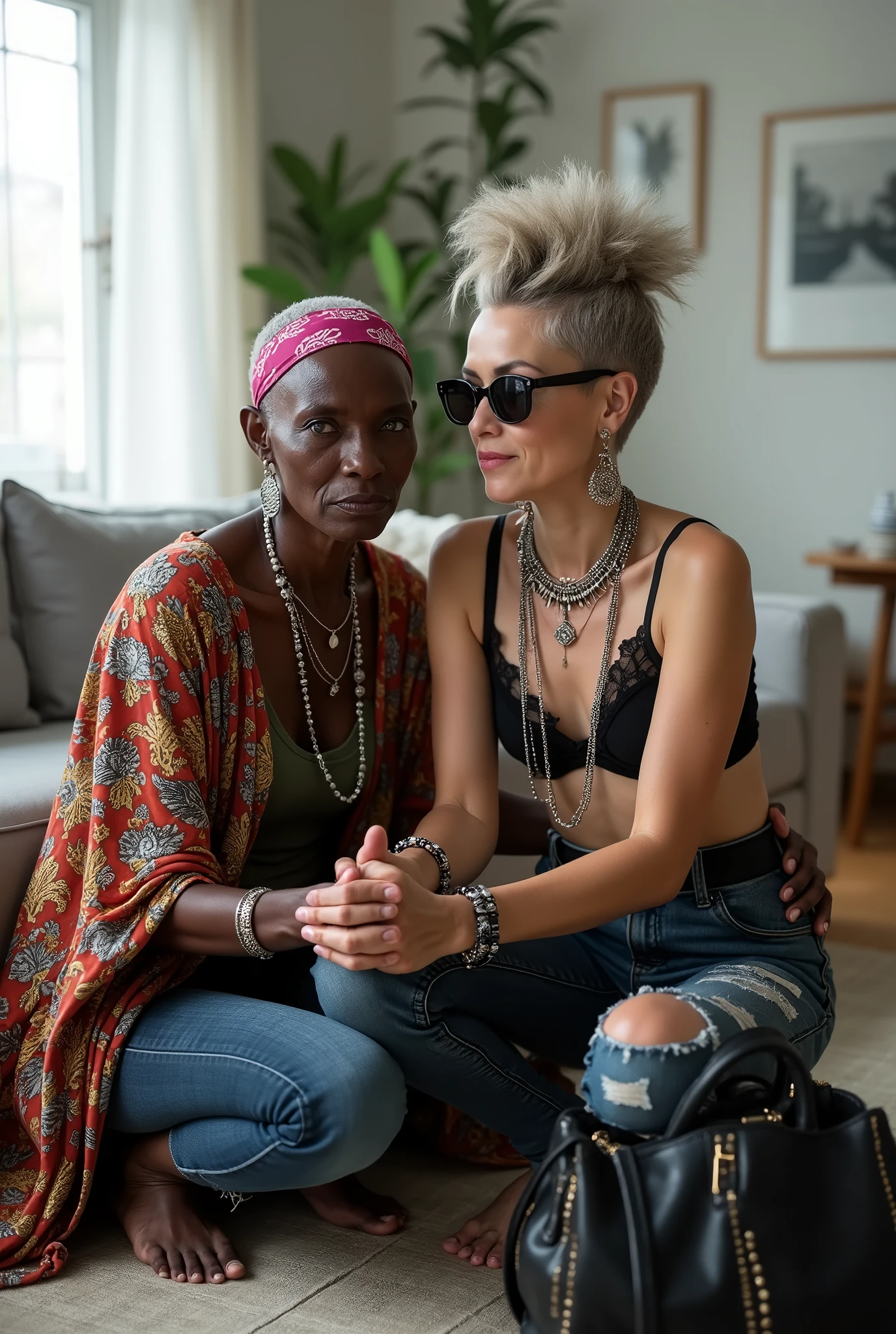 Two women. African old wrinkled milf  woman sitting on a sofa with separated legs, afro hairdo, serious face, wearing traditional colourful african clothes, barefoot, hands tightly on shoulders of a caucasian milf woman at her feet (light grey hair, light green eyes, pale face, pale neck, pale chest, pale arms, pale hands, pale stomach, pale legs and feet) in chic rock fashion: pompadour hairstyle with top bun and shaved sides, colourful bandana as headboard, a lot of metallic necklaces and pendants, a lot of wide metallic bracelets, black lace push up bra, low rise skinny dark blue jeans with patched holes and worn knees, wide studded leather belt, squatting with arms on knees, passive facial expression with open mouth, big square sunglasses, thin neck, thin arms, thin legs, well toned abdominals. In an apartment decorated in Scandinavian style. A black leather studded tote bag on the floor. Natural light