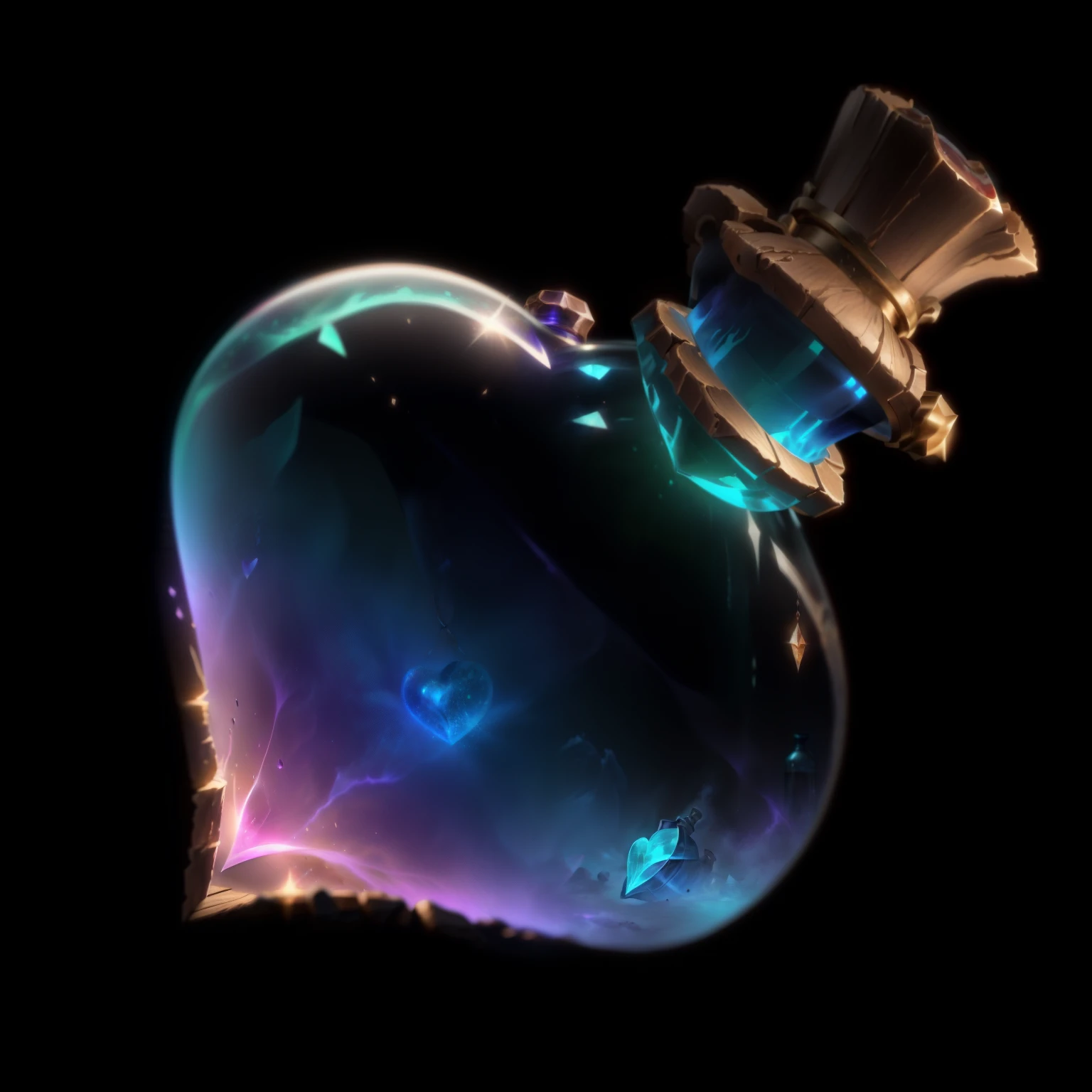 A close-up of a heart,Colored potion bottles, Glass Bottle,Reflective,Mana Potion,,Wooden stopper, high resolution, high resolution, League of Legends Inventory Items,Diablo concept art
