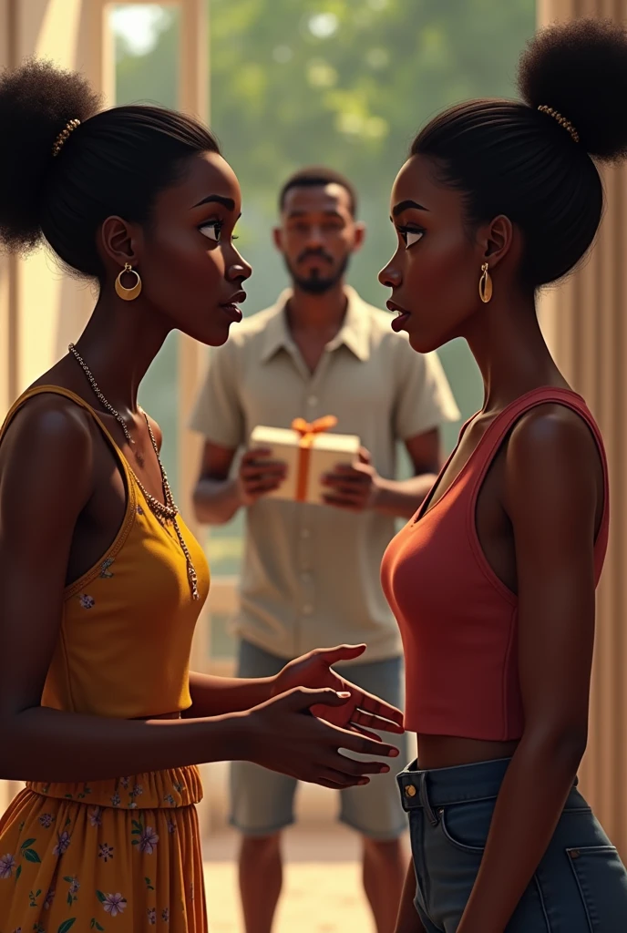 Generate an image of An emotional, mid-action shot of Muna a gorgeous African girl in her 20s in an intense argument with her mother an African woman in her 50s, Mama Nkechi. Muna, looking frustrated, is gesturing with her hands, while her mother stands firm, expressing concern and pleading with her daughter. In the background, Kachi a very handsome African man in his 20s is waiting at the door, holding a simple gift and looking hopeful but anxious.