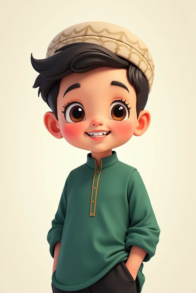 Muslim anime boy with glass islamic hat and cute smile with black pant and bottle green full shirt 