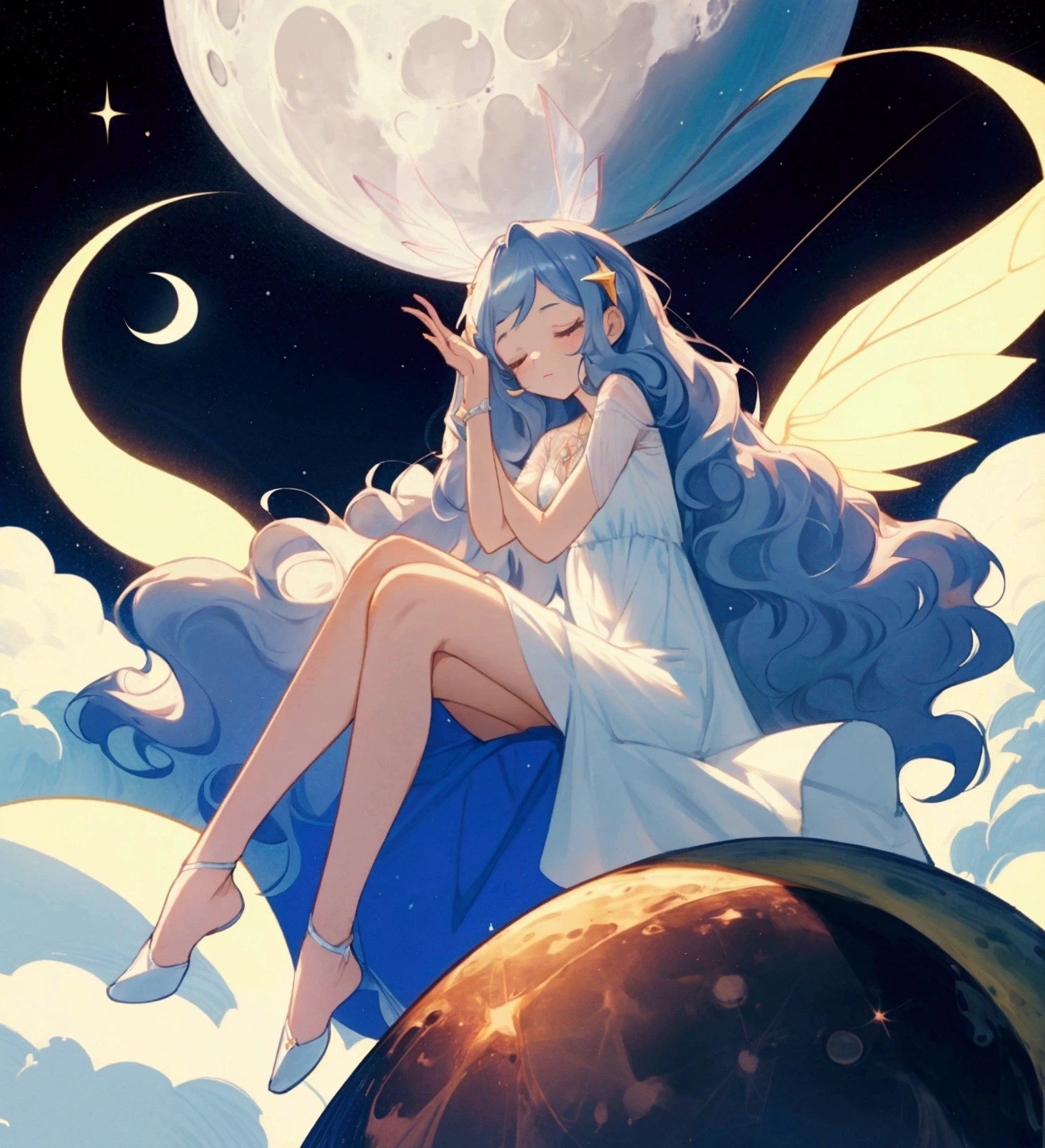 Girl with fairy wings with wavy hair with closed eyes. She is on the moon, sitting on the moon that forms a crescent moon. she has her eyes closed. Her dress is very long and light blue.., very clear almost white. She has Caucasian skin. We see several stars in the sky. The woman has her eyes closed and her head slightly tilted.. His right leg is raised, placed on the moon and the other and in the void.