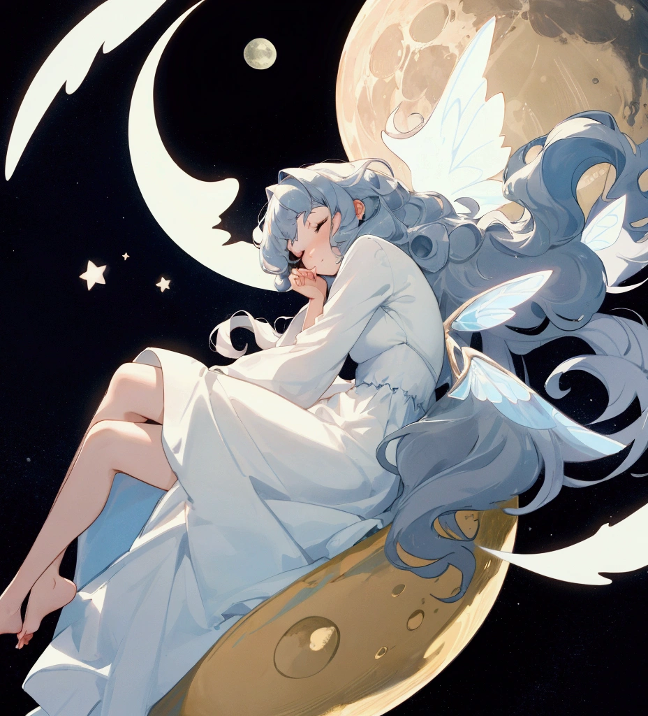 Girl with fairy wings with wavy hair with closed eyes. She is on the moon, sitting on the moon that forms a crescent moon. she has her eyes closed. Her dress is very long and light blue.., very clear almost white. She has Caucasian skin. We see several stars in the sky. The woman has her eyes closed and her head slightly tilted.. His right leg is raised, placed on the moon and the other and in the void.
