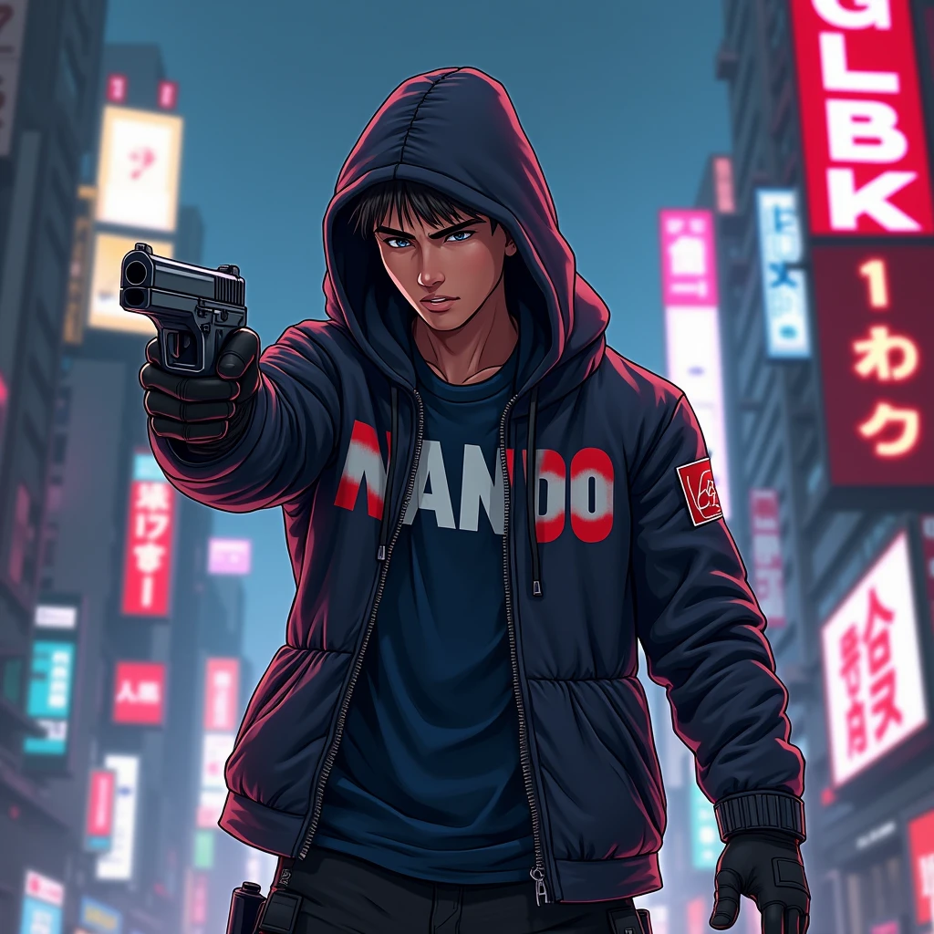 Create a character ninja armor anime, {background: capital text: “GLBK” in right-top, night city}, tanned skin,
realistic, HDR, handsome, japan style, full body, use piastol, age 20, hoodie HD text: “Nando”, male