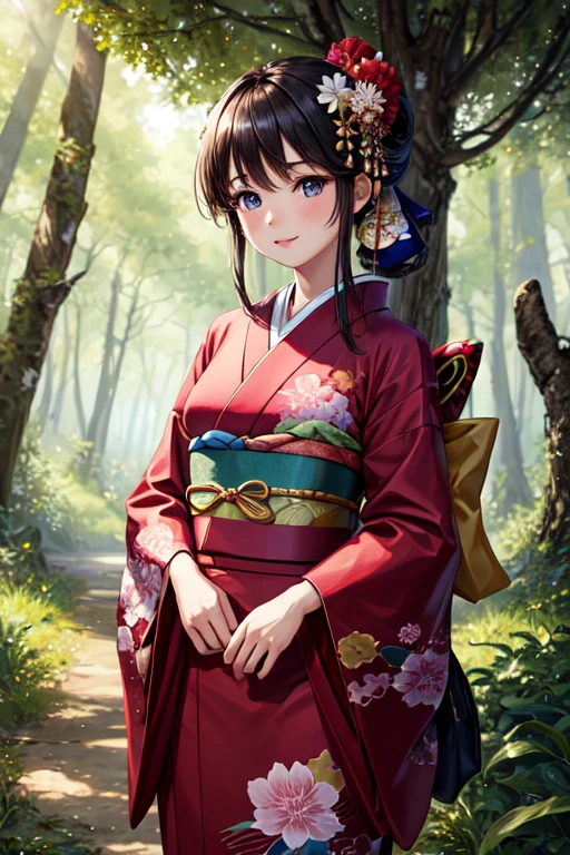 ((best quality)), ((masterpiece)), (detailed), 1girl,cute girl, kimono ,in the forest