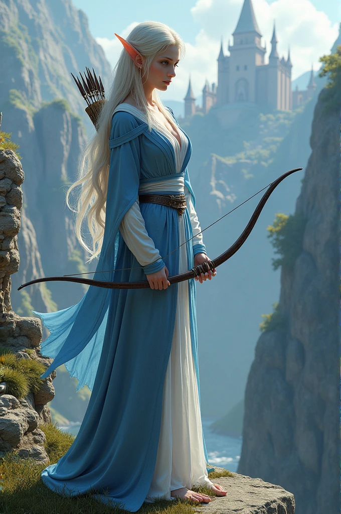 A full-body portrait of a very beautiful adult female elf wearing a blue and white outfit carrying a bow. The background is that she is standing at the end of a cliff and across it are the ruins of a magnificent castle. This scene is a very realistic, highly detailed and professional 3D digital art. 64k resolusi