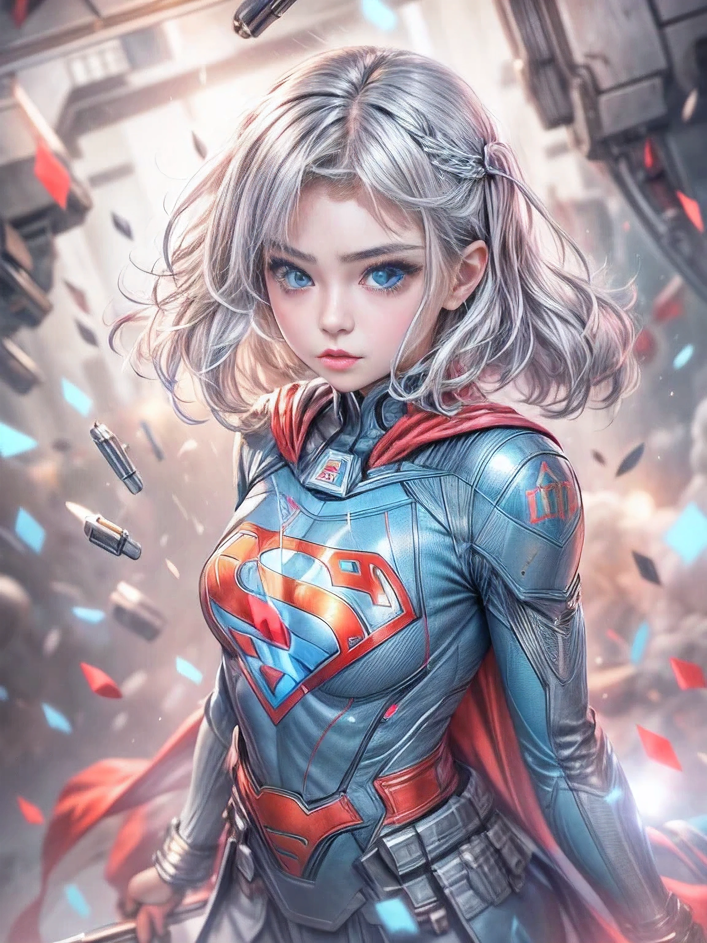 ((2The bullets are approaching))8k.Half Russian and half Japanese、Russian face、beautiful girl、PRİNCESS、、Small face、Young face、Big eyes、Skinny、Small breasts、(((Silver Hair、Silver Hair)))、With bangs、(((High resolution big beautiful light blue eyes, )))、Shortcuts、Bobcut、((2The bullets are approaching))、Supergirl from the planet Krypton((Superman's Suit))、whole body、Supergirl,,sf,Fantasy、((2The bullets are approaching))