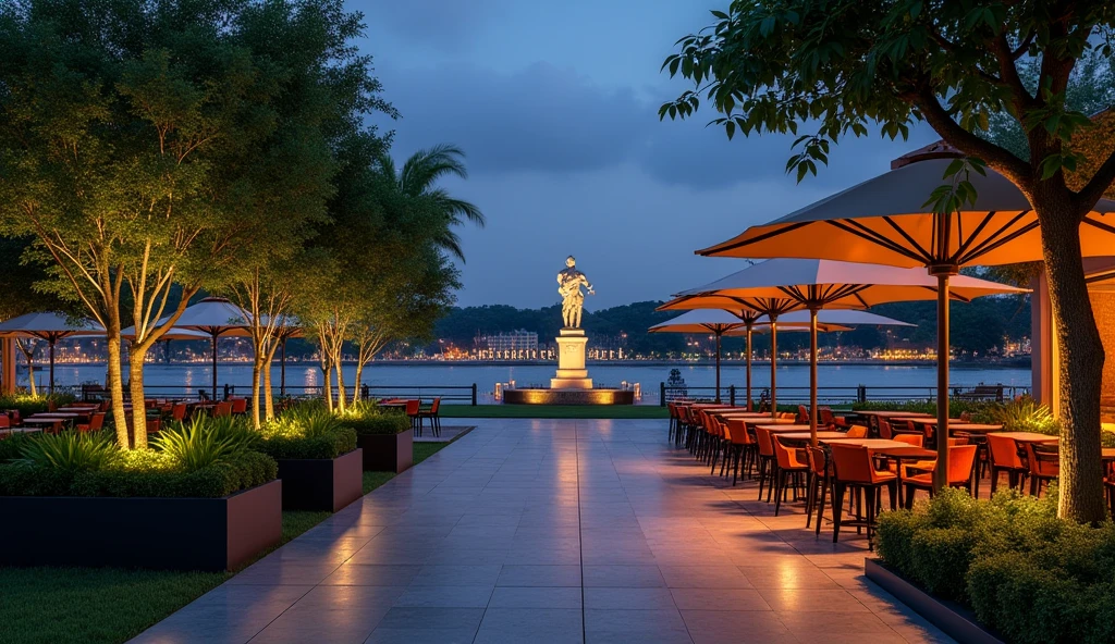 A night photo looking directly from the river looking into the square with the artwork statue as the centerpiece of the park next to the HCMC river with the words 'Park Avenue Sai Gon', a wide and airy walkway combined with an outdoor dining area with fixed umbrellas, combined with tropical greenery, combined with a water square, a large outdoor seating area with round tables, black stools with orange chairs and lush green plants in black pots along the path. Looking out to the Saigon river is a spacious outdoor cafe