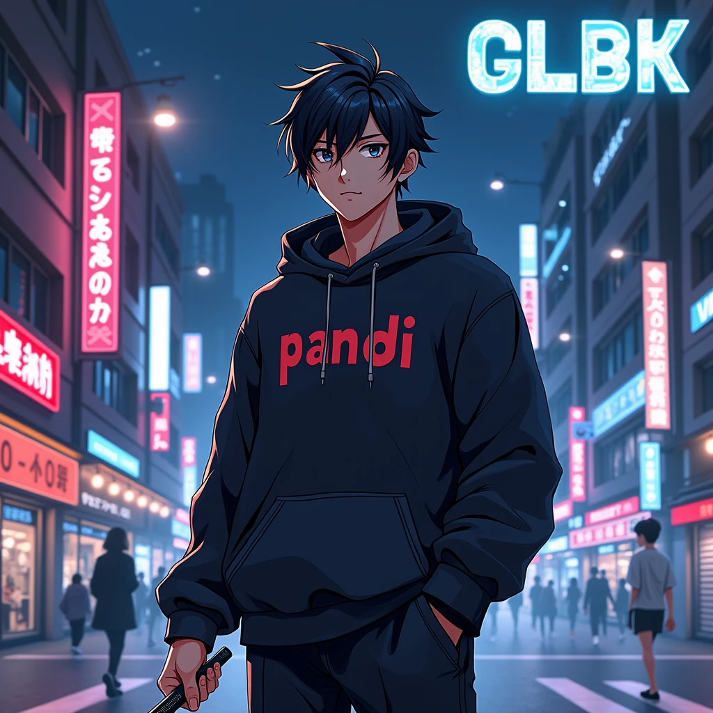 Create a character anime, {background: capital text: “GLBK” in right-top, night city}, tanned skin,
realistic, HDR, handsome, japan style, full body, use deagger, age 20, hoodie HD text: “Pandi”, male, comma hair