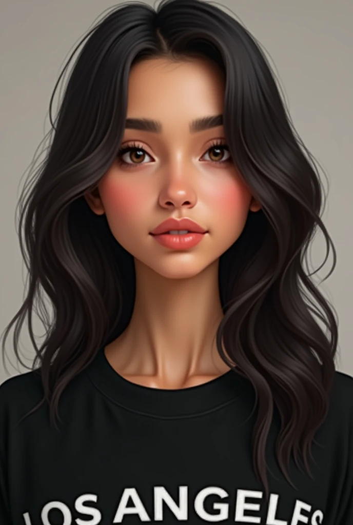 She has an oval -round - shaped- face with smooth contours, a gentle jawline, and a natural roundness in her cheeks, which gives her a youthful and soft appearance. Her skin is light with a warm tone, appearing smooth, even, and well-maintained without any visible blemishes or marks. Her forehead is of average height, transitioning seamlessly into her hairline, which is parted in the center. Her hair is dark, either deep brown or black, and is straight with a silky texture. It falls neatly past her shoulders, framing her face on both sides with a sleek and polished look.
Her eyebrows are dark, full, and slightly arched, providing subtle definition and balance to her facial features. They are symmetrical and well-groomed, aligning naturally with the shape of her face. Below her brows, she has large, almond-shaped eyes with a deep brown color. Her eyes are evenly spaced and set slightly deeper, giving them a serene, calm expression. They have a neutral gaze, with natural creases on the eyelids and medium-length lashes that softly frame her eyes.
Her nose is straight and well-proportioned, sitting perfectly in the center of her face. It has a smooth bridge with a gentle narrowing towards the tip, neither too prominent nor too subtle, fitting harmoniously with the rest of her features. Her lips are medium in fullness, with a natural pink hue. The upper lip has a gentle curve without a pronounced cupid’s bow, while the lower lip is slightly fuller, giving her mouth a balanced, relaxed appearance. Her expression is neutral and composed, exuding a quiet confidence and understated elegance. She wears a black sweatshirt with "LOS ANGELES" printed in bold white letters, adding to her casual, everyday appearance, complementing her overall serene and approachable demeanor.
She looks indian and has indian feacture
she's a real girl not animated