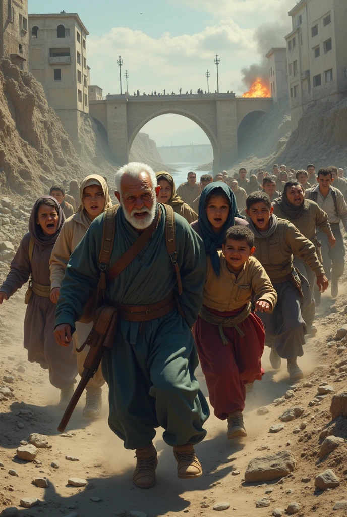 A Chinese family, including an elderly grandfather, women, and young children, running towards a bridge over a river
Make a war background 
All are craying and also very fear
Make more woman and children and all are craying 