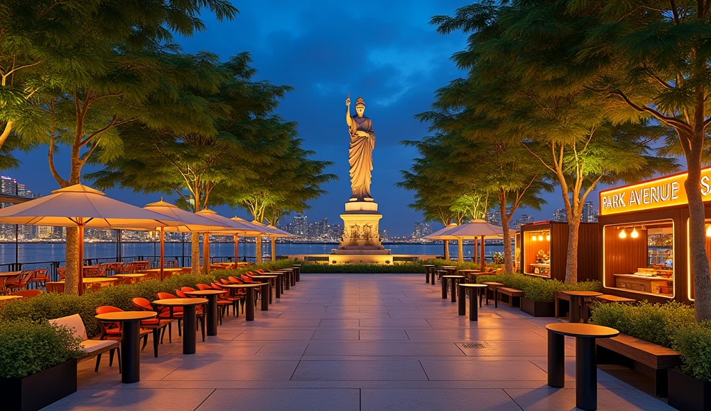 A night photo looking directly from the river into the square with the artwork statue as the center of the park next to the HCMC river with the words 'Park Avenue Sai Gon', the walkway is a wide and airy intersection combined with an outdoor dining area with fixed umbrellas, mobile kiosks selling wooden goods and unique architectural LED lights combined with tropical greenery, combined with a water square, a large outdoor seating area with round tables, black stools with orange chairs and lush green trees in black pots along the walkway. Looking out to the Saigon river is a spacious outdoor cafe