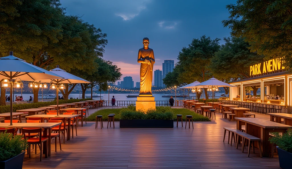A night photo looking directly from the river into the square with the artwork statue as the center of the park next to the HCMC river with the words 'Park Avenue Sai Gon', the walkway is a wide and airy intersection combined with an outdoor dining area with fixed umbrellas, mobile kiosks selling wooden goods and unique architectural LED lights combined with tropical greenery, combined with a water square, a large outdoor seating area with round tables, black stools with orange chairs and lush green trees in black pots along the walkway. Looking out to the Saigon river is a spacious outdoor cafe