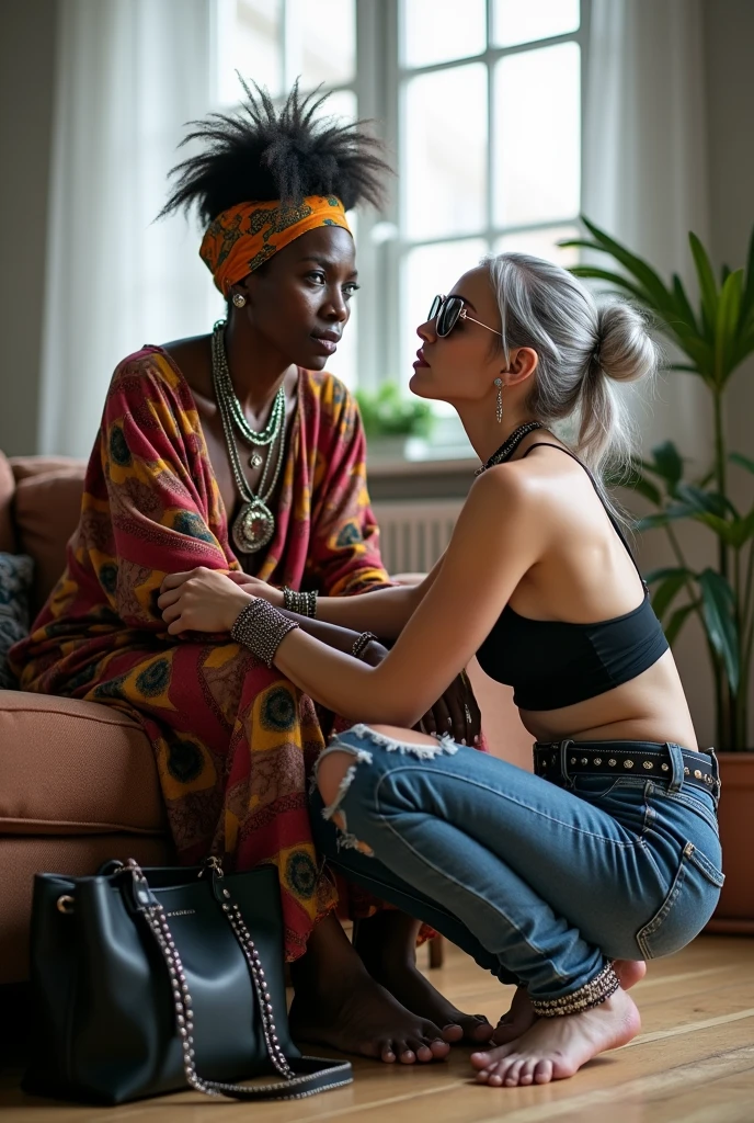 Two women. African old wrinkled milf woman sitting on a sofa with separated legs, afro hairdo, serious face, wearing traditional colourful african clothes, barefoot, hands tightly on neck of a caucasian milf woman at her feet (light grey hair, light green eyes, pale face, pale neck, pale chest, pale arms, pale hands, pale stomach, pale legs and feet) in chic rock fashion: pompadour hairstyle with top bun and shaved sides, colourful bandana as headboard, a lot of metallic necklaces and pendants, a lot of wide metallic bracelets, black lace push up bra, low rise skinny dark blue jeans with patched holes and worn knees, wide studded leather belt, squatting with arms on knees, passive facial expression with open mouth, big square sunglasses, thin neck, thin arms, thin legs, well toned abdominals. In an apartment decorated in Scandinavian style. A black leather studded tote bag on the floor. Natural light