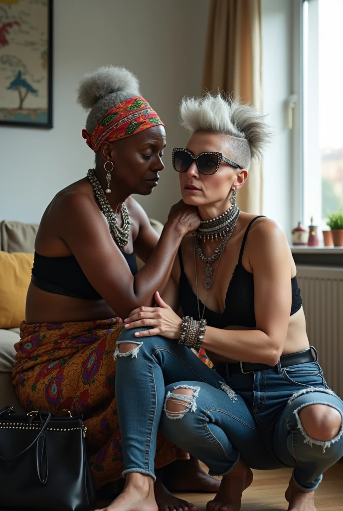 Two women. African old wrinkled milf  woman sitting on a sofa with separated legs, afro hairdo, serious face, wearing traditional colourful african clothes, barefoot, hands tightly on neck of a caucasian milf woman at her feet (light grey hair, light green eyes, pale face, pale neck, pale chest, pale arms, pale hands, pale stomach, pale legs and feet) in chic rock fashion: pompadour hairstyle with top bun and shaved sides, colourful bandana as headboard, a lot of metallic necklaces and pendants, a lot of wide metallic bracelets, black lace push up bra, low rise skinny dark blue jeans with patched holes and worn knees, wide studded leather belt, squatting with arms on knees, passive facial expression with open mouth, big square sunglasses, thin neck, thin arms, thin legs, well toned abdominals. In an apartment decorated in Scandinavian style. A black leather studded tote bag on the floor. Natural light