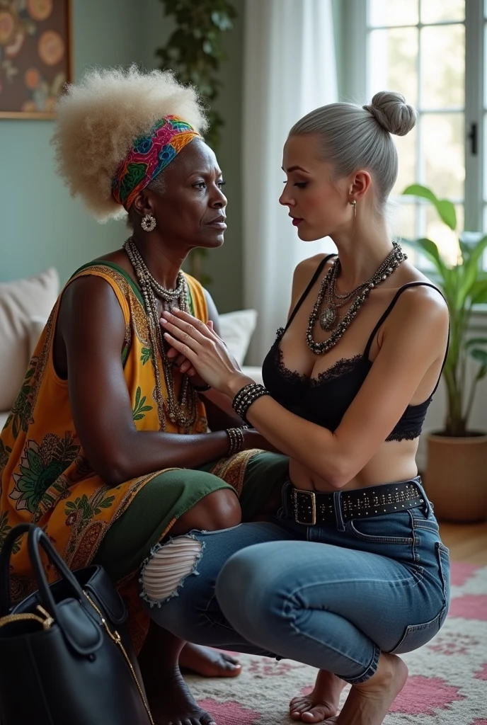Two women. African old wrinkled milf  woman sitting on a sofa with separated legs, afro hairdo, serious face, wearing traditional colourful african clothes, barefoot, hands tightly on neck of a caucasian milf woman at her feet (light grey hair, light green eyes, pale face, pale neck, pale chest, pale arms, pale hands, pale stomach, pale legs and feet) in chic rock fashion: pompadour hairstyle with top bun and shaved sides, colourful bandana as headboard, a lot of metallic necklaces and pendants, a lot of wide metallic bracelets, black lace push up bra, low rise skinny dark blue jeans with patched holes and worn knees, wide studded leather belt, squatting with arms on knees, passive facial expression with open mouth, big square sunglasses, thin neck, thin arms, thin legs, well toned abdominals. In an apartment decorated in Scandinavian style. A black leather studded tote bag on the floor. Natural light