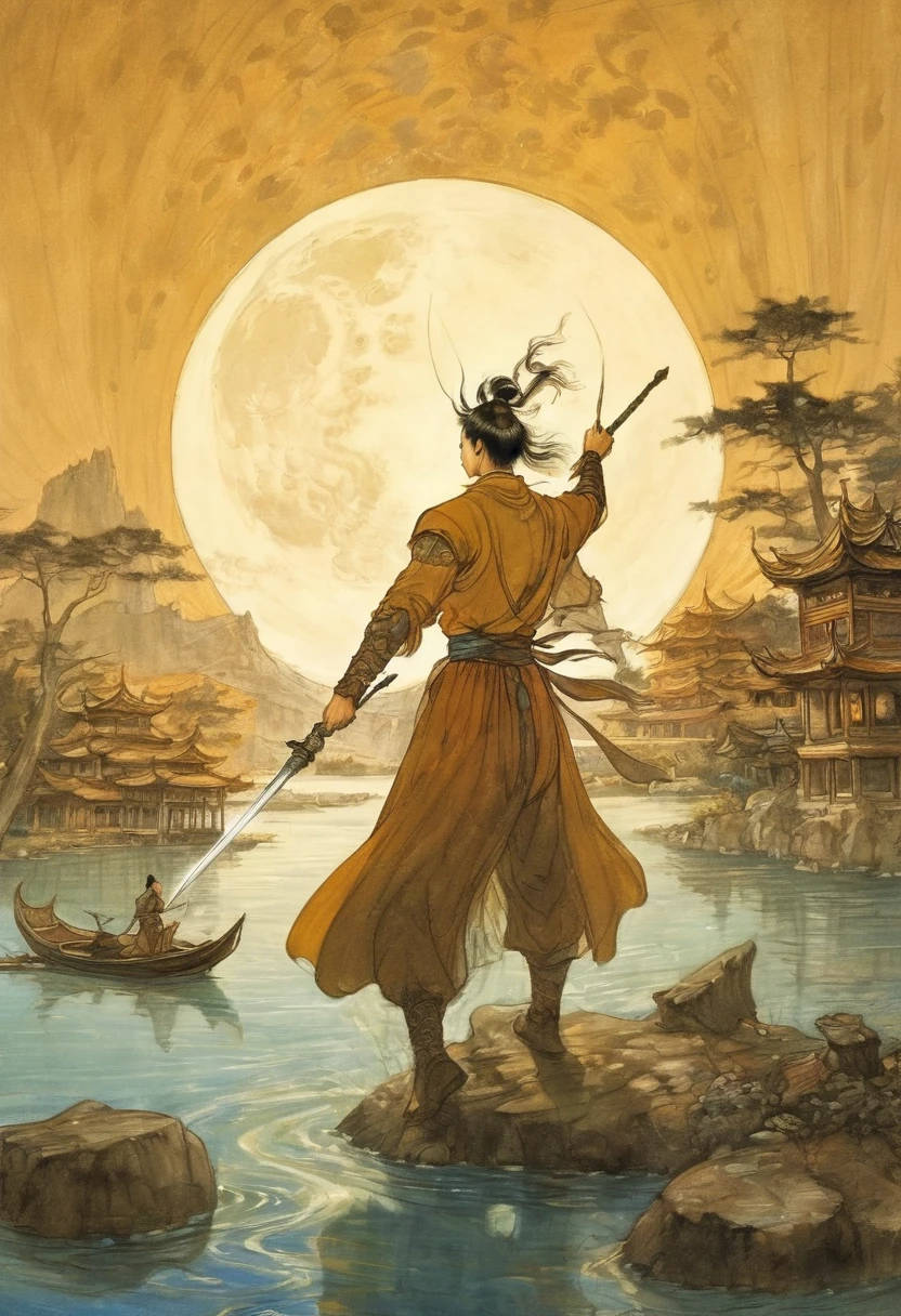 (masterpiece, best quality:1.2), The hero dances with sword:1.5,Anatomically correct,1 glowing sword,(Movement posture),Hold the sword hilt tightly in your hand,Solitary,On the Lake, Wooden boats in the distance and pavilions in the lake,light, mysterious atmosphere,, ripple,(Splash;1.4),A moon,Motion blur,swordsman,effort,arms up,xianxia,anatomical correct,detailed face,handsome