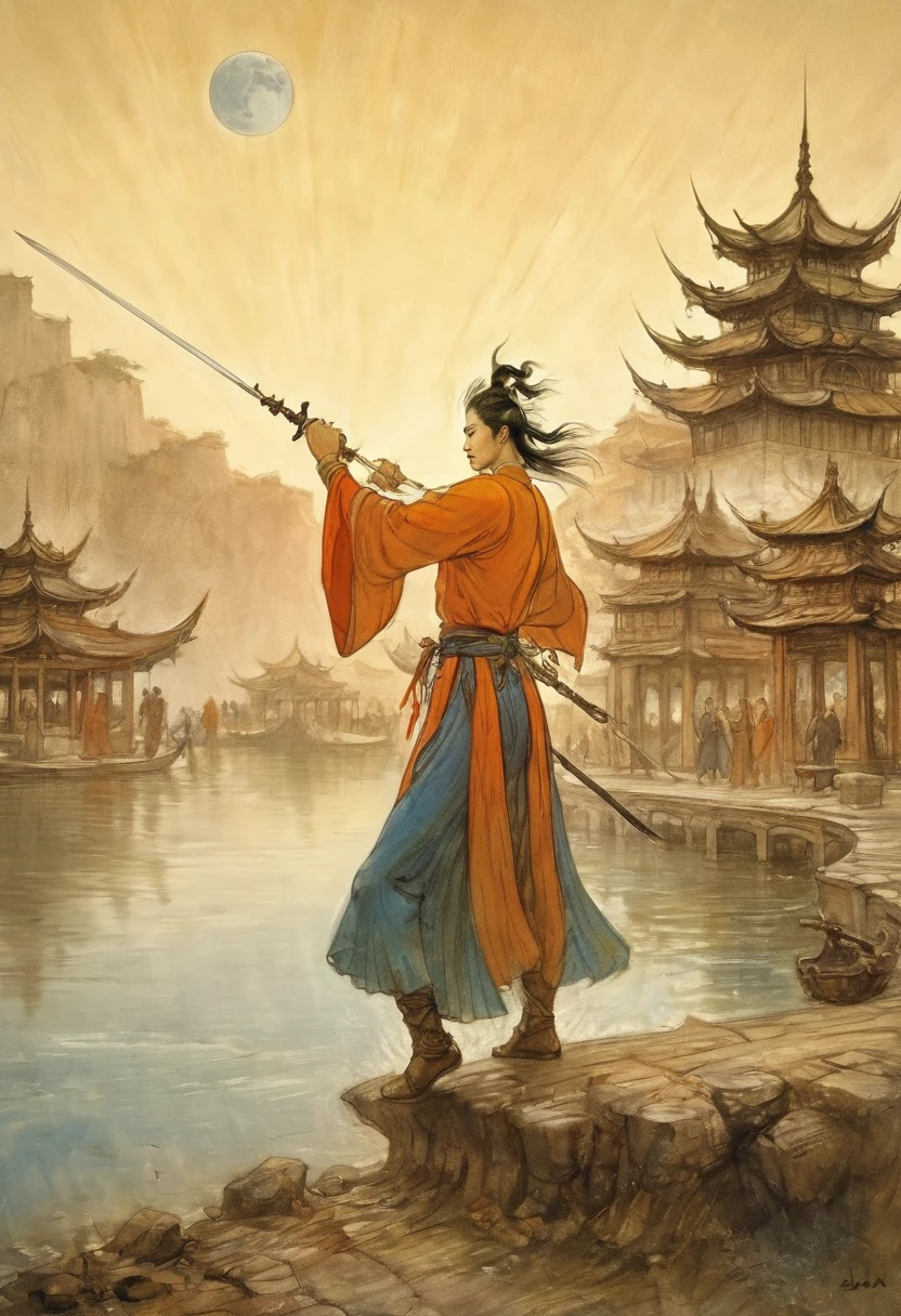 (masterpiece, best quality:1.2), The hero dances with sword:1.5,Anatomically correct，1 glowing sword,(Movement posture),Hold the sword hilt tightly in your hand，Solitary，On the Lake, Wooden boats in the distance and pavilions in the lake，light, mysterious atmosphere,， ripple，(Splash;1.4)，A moon，Motion blur，swordsman，effort，arms up，xianxia，anatomical correct,detailed face,handsome
