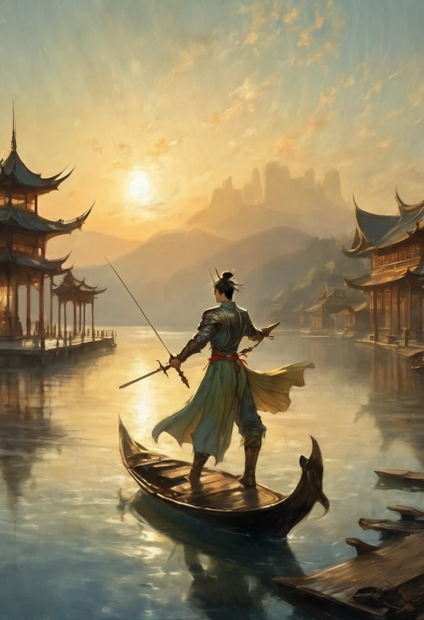 (masterpiece, best quality:1.2), The hero dances with sword:1.5,Anatomically correct，1 glowing sword,(Movement posture),Hold the sword hilt tightly in your hand，Solitary，On the Lake, Wooden boats in the distance and pavilions in the lake，light, mysterious atmosphere,， ripple，(Splash;1.4)，A moon，Motion blur，swordsman，effort，arms up，xianxia，anatomical correct,detailed face,handsome
