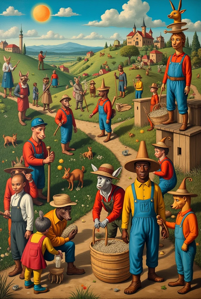 Involving cartoon characters, I want you to create a reinterpretation of the work The Workers